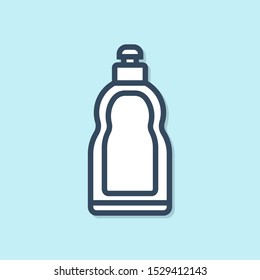 Blue line Plastic bottle for liquid laundry detergent, bleach, dishwashing liquid or another cleaning agent icon isolated on blue background.  Vector Illustration