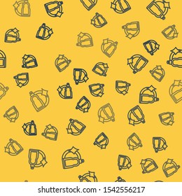 Blue line Plastic bottle for liquid laundry detergent, bleach, dishwashing liquid or another cleaning agent icon isolated seamless pattern on yellow background.  Vector Illustration