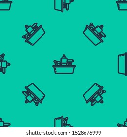 Blue line Plastic bottles for liquid laundry detergent, bleach, dishwashing liquid or another cleaning agent icon isolated seamless pattern on green background.  Vector Illustration