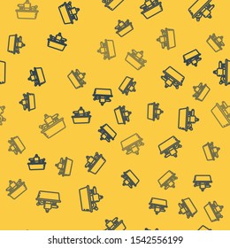 Blue line Plastic bottles for liquid laundry detergent, bleach, dishwashing liquid or another cleaning agent icon isolated seamless pattern on yellow background.  Vector Illustration