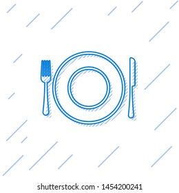 Blue line Plate, fork and knife icon isolated on white background. Cutlery symbol. Restaurant sign.  Vector Illustration