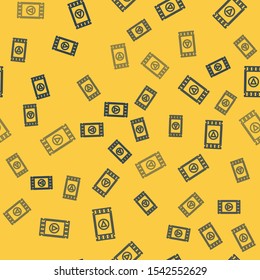 Blue line Play Video icon isolated seamless pattern on yellow background. Film strip with play sign.  Vector Illustration