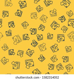 Blue line Playing card with clubs symbol icon isolated seamless pattern on yellow background. Casino gambling.  Vector Illustration
