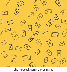 Blue line Playing card with diamonds symbol icon isolated seamless pattern on yellow background. Casino gambling.  Vector Illustration