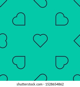 Blue line Playing card with heart symbol icon isolated seamless pattern on green background. Casino gambling.  Vector Illustration