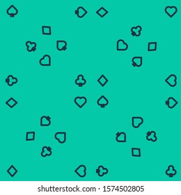 Blue line Playing cards icon isolated seamless pattern on green background. Casino gambling.  Vector Illustration