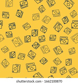 Blue line Playing cards icon isolated seamless pattern on yellow background. Casino gambling.  Vector Illustration