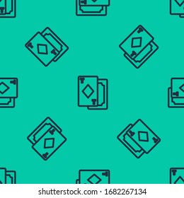 Blue line Playing cards icon isolated seamless pattern on green background. Casino gambling.  Vector Illustration