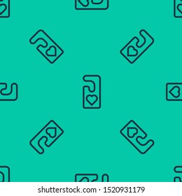 Blue line Please do not disturb with heart icon isolated seamless pattern on green background. Hotel Door Hanger Tags.  Vector Illustration