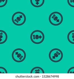 Blue line Plus 18 movie icon isolated seamless pattern on green background. Adult content. Under 18 years sign.  Vector Illustration