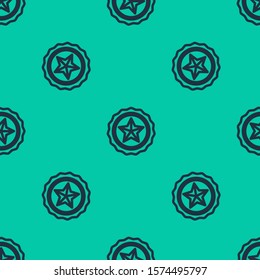 Blue line Police badge icon isolated seamless pattern on green background. Sheriff badge sign.  Vector Illustration