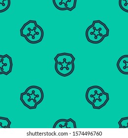 Blue line Police badge icon isolated seamless pattern on green background. Sheriff badge sign.  Vector Illustration