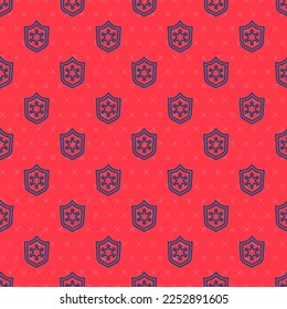 Blue line Police badge icon isolated seamless pattern on red background. Sheriff badge sign.  Vector