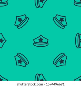 Blue line Police cap with cockade icon isolated seamless pattern on green background. Police hat sign.  Vector Illustration