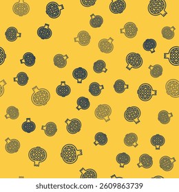 Blue line Pomegranate icon isolated seamless pattern on yellow background. Garnet fruit.  Vector
