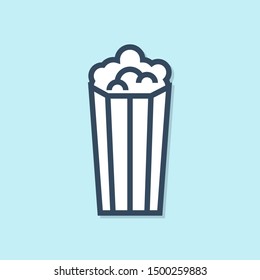 Blue line Popcorn in cardboard box icon isolated on blue background. Popcorn bucket box.  Vector Illustration