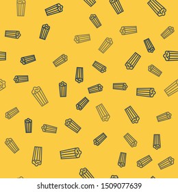 Blue line Popcorn in cardboard box icon isolated seamless pattern on yellow background. Popcorn bucket box.  Vector Illustration