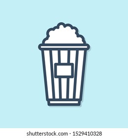 Blue line Popcorn in cardboard box icon isolated on blue background. Popcorn bucket box.  Vector Illustration