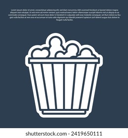 Blue line Popcorn in cardboard box icon isolated on blue background. Popcorn bucket box.  Vector