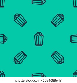 Blue line Popcorn in cardboard box icon isolated seamless pattern on green background. Popcorn bucket box.  Vector