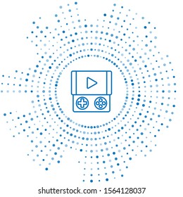 Blue line Portable video game console icon isolated on white background. Gamepad sign. Gaming concept. Abstract circle random dots. Vector Illustration