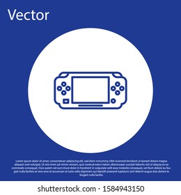 Blue line Portable video game console icon isolated on blue background. Gamepad sign. Gaming concept. White circle button. Vector Illustration