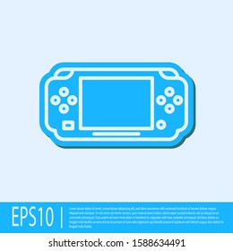 Blue line Portable video game console icon isolated on grey background. Gamepad sign. Gaming concept.  Vector Illustration