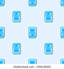 Blue line Portable video game console icon isolated seamless pattern on grey background. Gamepad sign. Gaming concept.  Vector Illustration