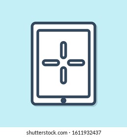 Blue line Portable video game console icon isolated on blue background. Gamepad sign. Gaming concept.  Vector Illustration