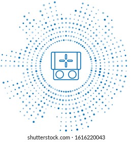 Blue line Portable video game console icon isolated on white background. Gamepad sign. Gaming concept. Abstract circle random dots. Vector Illustration