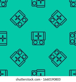Blue line Portable video game console icon isolated seamless pattern on green background. Gamepad sign. Gaming concept.  Vector Illustration