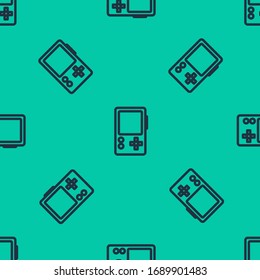 Blue line Portable video game console icon isolated seamless pattern on green background. Gamepad sign. Gaming concept.  Vector Illustration