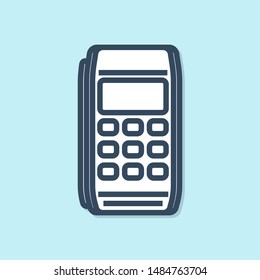 Blue line Pos terminal icon isolated on blue background. Payment terminal transaction. Pay by card.  Vector Illustration