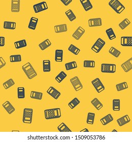 Blue line Pos terminal icon isolated seamless pattern on yellow background. Payment terminal transaction. Pay by card.  Vector Illustration