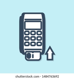 Blue line Pos terminal with inserted credit card icon isolated on blue background. Payment terminal transaction. Pay by card.  Vector Illustration