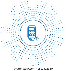 Blue line Pos terminal with inserted credit card icon isolated on white background. Payment terminal transaction. Pay by card. Abstract circle random dots. Vector Illustration