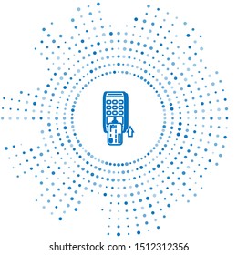 Blue line Pos terminal with inserted credit card icon isolated on white background. Payment terminal transaction. Pay by card. Abstract circle random dots. Vector Illustration