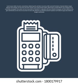 Terminal POS de línea azul con tarjeta de crédito insertada e icono de recibos impreso aislado en fondo azul. concepto de pago de NFC. Ilustración vectorial