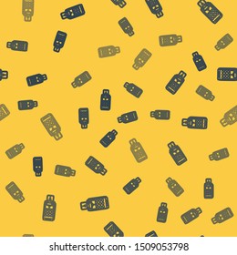 Blue line POS terminal with printed reciept and confirms the payment by smartphone icon isolated seamless pattern on yellow background. NFC payment concept.  Vector Illustration