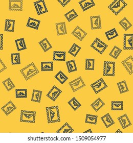 Blue line Postal stamp and Egypt pyramids icon isolated seamless pattern on yellow background.  Vector Illustration