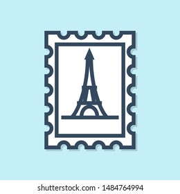 Blue line Postal stamp and Eiffel tower icon isolated on blue background.  Vector Illustration