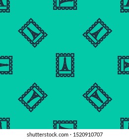 Blue line Postal stamp and Eiffel tower icon isolated seamless pattern on green background.  Vector Illustration