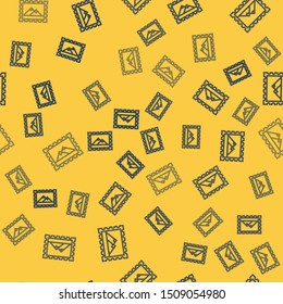 Blue line Postal stamp and Mountains icon isolated seamless pattern on yellow background.  Vector Illustration