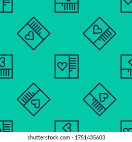 Blue line Postcard with heart icon isolated seamless pattern on green background. Message love. Letter love and romance.  Vector