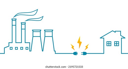 Blue line power plant generates electricity to transmit electricity to city building home with electric socket outlet plug and yellow spark bolt in white background outline flat vector design.