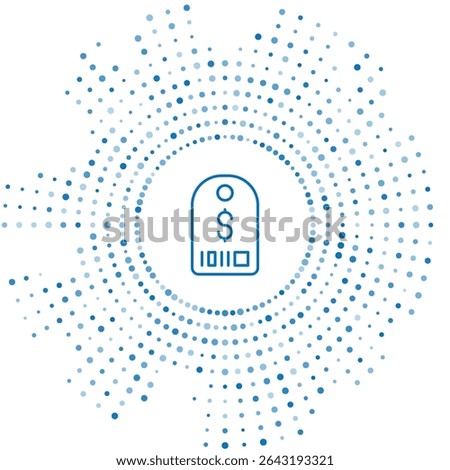 Blue line Price tag with dollar icon isolated on white background. Badge for price. Sale with dollar symbol. Promo tag discount. Abstract circle random dots. Vector
