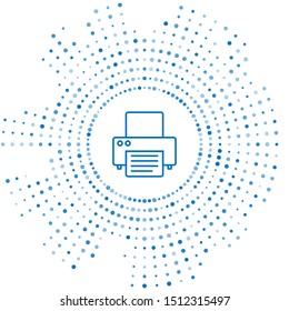 Blue line Printer icon isolated on white background. Abstract circle random dots. Vector Illustration