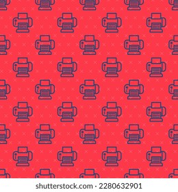 Blue line Printer icon isolated seamless pattern on red background.  Vector
