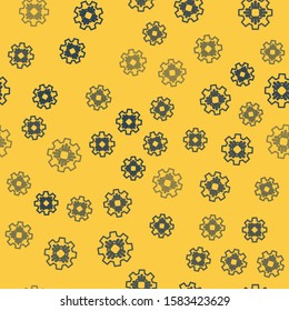 Blue line Processor icon isolated seamless pattern on yellow background. CPU, central processing unit, microchip, microcircuit, computer processor, chip.  Vector Illustration