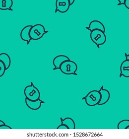 Blue line Protection of personal data icon isolated seamless pattern on green background. Speech bubble and key.  Vector Illustration